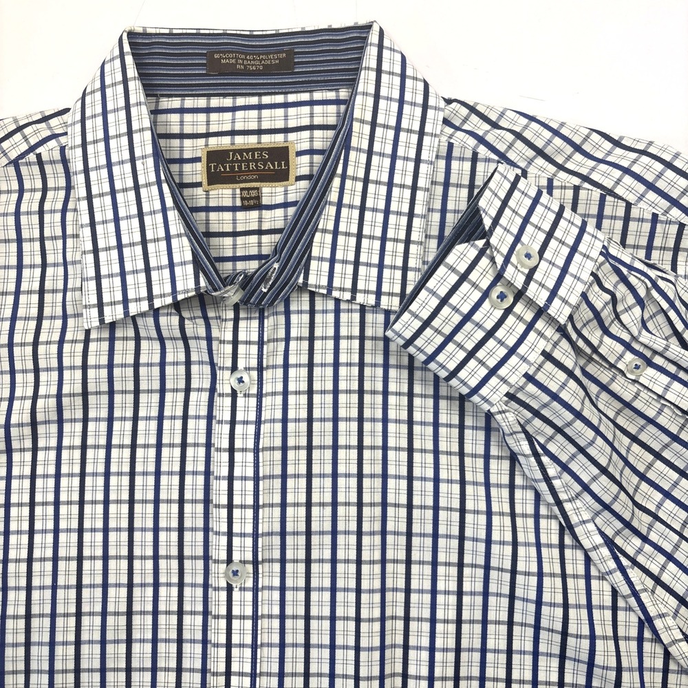 James Tattersall London Woven Button Down Shirt Mens 2XL‎ Cotton Navy White